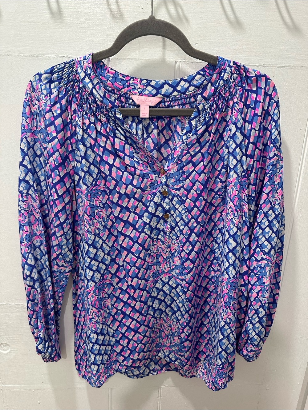 Lilly Pulitzer Blue & Pink Geometric Smocked-Neck Blouse